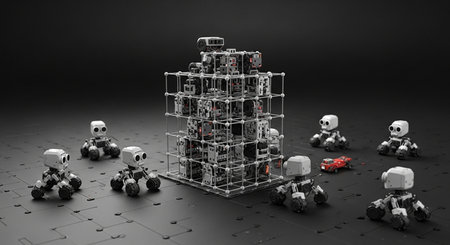 a group of robots surround a cube structure and a red car, all on a dark textured surface in digital artの素材