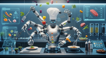 a robot chef with multiple arms prepares food in a futuristic kitchen with floating ingredients and digital displaysの素材