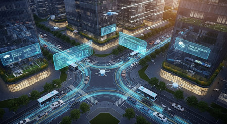 a futuristic city with self driving vehicles and drones with holographic displays showing public service dataの素材