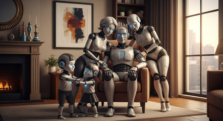 a robot family is posing in their living room, with a fireplace and a large window for a portraitの素材