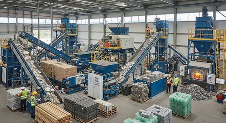 a recycling plant processes waste with conveyor belts and workers in safety gear sorting the materialsの素材