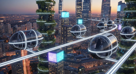 a futuristic city featuring elevated pod transportation and green buildings during dusk or dawn setting.の素材