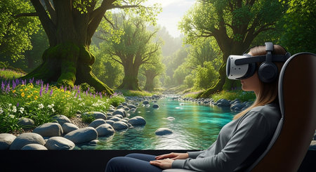 a woman with vr headset sits in a chair immersing herself in a virtual forest stream environment sceneの素材