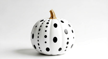 a white pumpkin with black polka dots and a gold stem is sitting on a white surface in a studio settingの素材