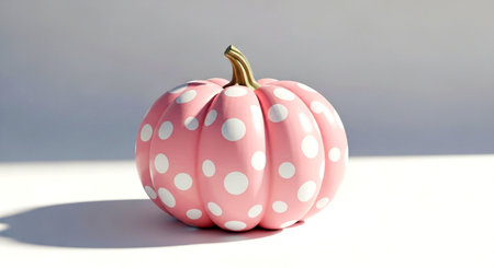 a pink pumpkin with white polka dots is sitting on a white surface with a light gray background. close up shotの素材