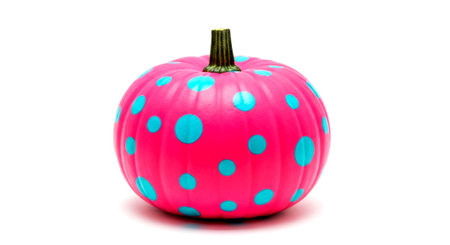 a pink pumpkin with teal polka dots sits on a white surface, ready for halloween and fall decorationsの素材