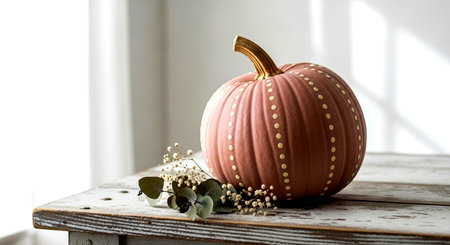 a pink pumpkin with white dots on a rustic wooden table with baby's breath and eucalyptus leaves indoorsの素材