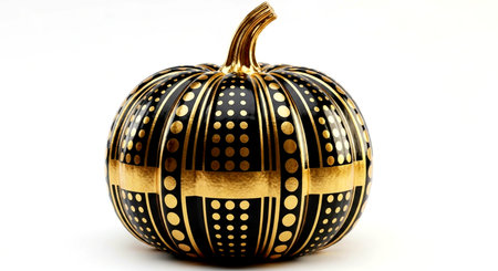 a decorative pumpkin with gold accents and black stripes on a white background in a studio setting.の素材