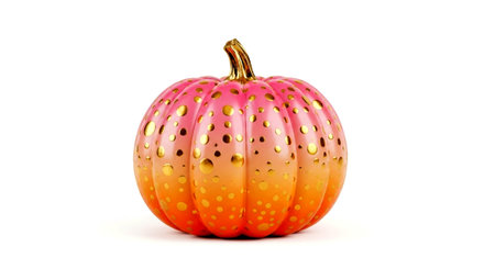a pink and orange pumpkin with gold polka dots and a gold stem is on a white clean background imageの素材
