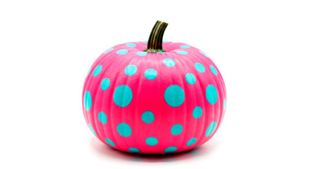a pink pumpkin with turquoise polka dots sits on a white background under bright studio lighting close up shotの素材