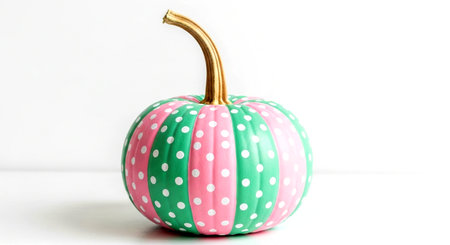 a festive pumpkin with polka dots and stripes of pink and green against a clean white background surfaceの素材