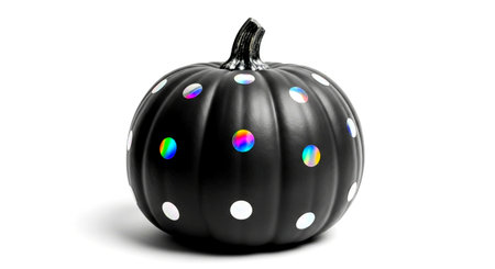 a black pumpkin with iridescent and white polka dots sits against a clean white background for halloween decorの素材