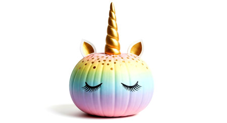 a pastel unicorn pumpkin with a golden horn and eyelashes against a clean white background for halloween funの素材