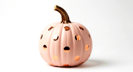 a pink pumpkin with gold polka dots and a gold stem sits on a white background in studio lighting.の素材