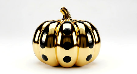 a golden pumpkin with black polka dots sits against a white background in bright studio lighting setupの素材