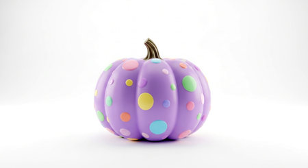 a pastel purple pumpkin with colorful polka dots sits on a white background in a studio setting. festiveの素材