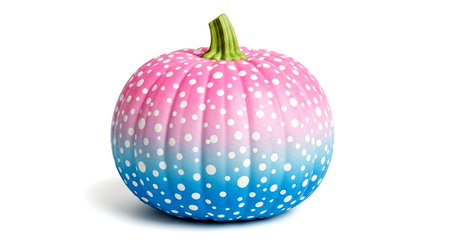 a single pumpkin with pink and blue ombre effect and white polka dots, isolated on a white backgroundの素材