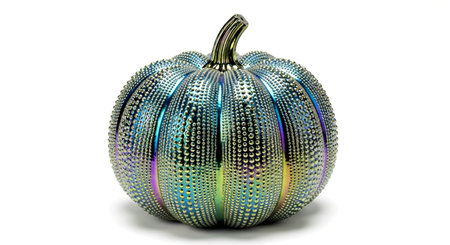 iridescent pumpkin with silver stem and small beads, placed on a clean white background for decorationの素材