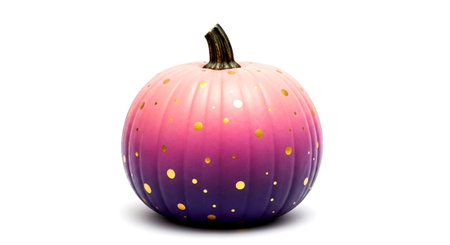 a pink and purple ombre pumpkin with gold dots is centered on a white background in a studio shot settingの素材