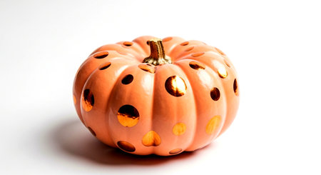 a peach pumpkin with gold polka dots sits on a white surface, perfect for fall decorations and celebrationsの素材