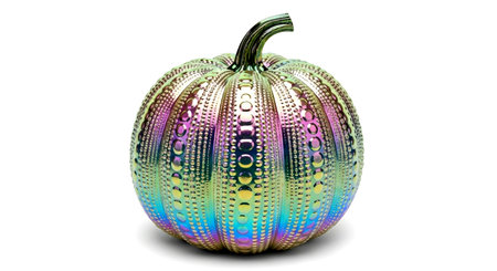 a decorative iridescent pumpkin with a textured surface, isolated against a clean white background view.の素材