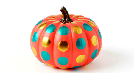 a pink pumpkin with teal and gold polka dots sits on a white background in a bright studio shot close upの素材
