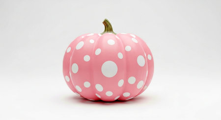 a pink pumpkin with white polka dots is set against a white background in a studio with soft lightingの素材