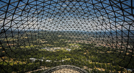 a geodesic dome offers a unique view of trees and buildings outside, creating a captivating urban landscape This image features a transparent background, making it versatile for various design projects.の素材