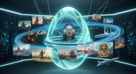 a woman in a pod connected to wires surrounded by historical and futuristic images in a tech interface This image features a transparent background, making it versatile for various design projects.の素材