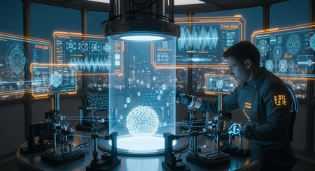 a man in a lab interacts with a sphere in a container surrounded by screens displaying complex data analysis This image features a transparent background, making it versatile for various design projects.の素材