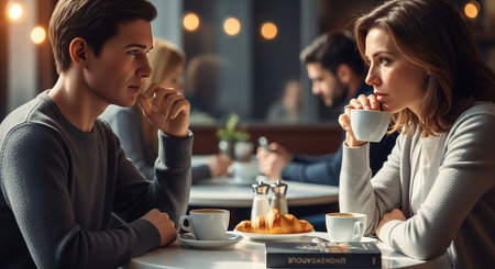 a couple enjoys coffee and croissant at a cafe table in a dimly lit restaurant setting with a book present This image features a transparent background, making it versatile for various design projects.の素材