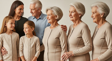 a multigenerational family portrait with women of varying ages standing together and smiling warmly forward This image features a transparent background, making it versatile for various design projects.の素材