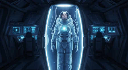 a futuristic scene of an astronaut in a glowing pod inside a spaceship, ready for an outer space mission This image features a transparent background, making it versatile for various design projects.の素材