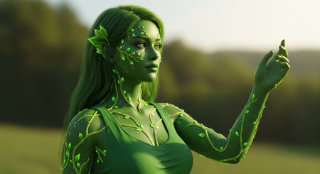 a green skinned woman with vines and leaves is standing in a field with her hand raised up high outdoors This image features a transparent background, making it versatile for various design projects.の素材