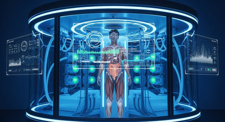 futuristic medical pod scanning human anatomy with glowing blue lights and digital displays showing data analysis This image features a transparent background, making it versatile for various design projects.の素材
