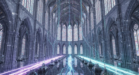 a cathedral interior with gothic architecture and futuristic glowing lines creates a unique atmosphere inside This image features a transparent background, making it versatile for various design projects.の素材
