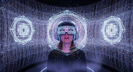 a woman in a vr headset stands amidst glowing geometric shapes, creating a futuristic and immersive scene This image features a transparent background, making it versatile for various design projects.の素材