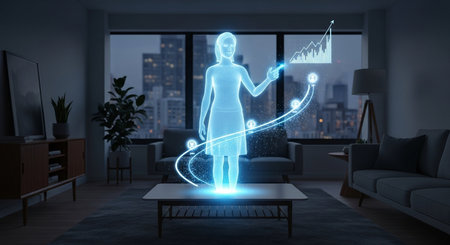 a futuristic scene with a holographic woman presenting a financial graph in a modern living room at night This image features a transparent background, making it versatile for various design projects.の素材