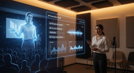 a woman presents with an ai presentation coach showing audience and speech analysis on a transparent screen This image features a transparent background, making it versatile for various design projects.の素材