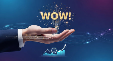 a hand holds wow above a graph with a smiley face on a blue gradient background with circuit patterns This image features a transparent background, making it versatile for various design projects.の素材