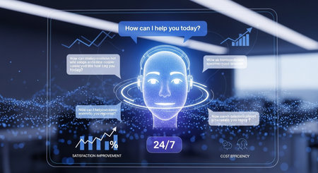 ai assistant interface displaying chatbot head with graphs showing cost efficiency and satisfaction rates This image features a transparent background, making it versatile for various design projects.の素材