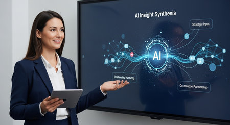 a woman is presenting ai insight synthesis on a large screen, holding a tablet in her left hand smilingの素材
