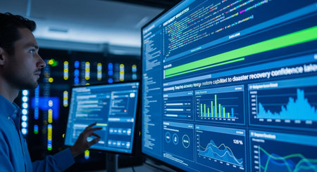 a man analyzes data on multiple screens in a blue lit server room, focusing on graphs and code displaysの素材