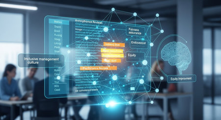 a futuristic interface shows employee reviews, equity improvement, and management culture concepts.の素材