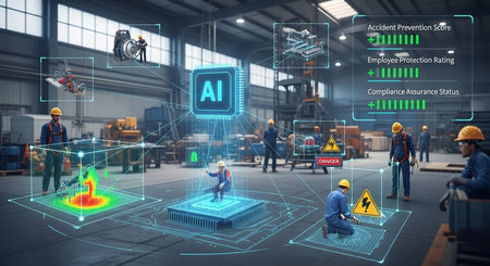 ai monitoring safety in an industrial environment, workers and equipment are analyzed for accident prevention.の素材