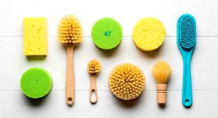 an array of cleaning tools including sponges and brushes arranged on a white wooden surface for cleaning This image features a transparent background, making it versatile for various design projects.の素材