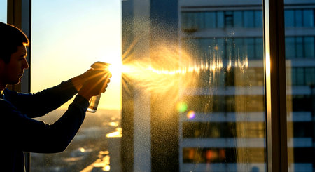 a man is spraying cleaning solution on a window with sunlight shining through and buildings behind it This image features a transparent background, making it versatile for various design projects.の素材