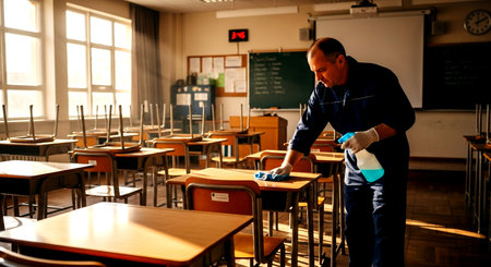 a man cleaning desks in a classroom with chairs on top and a chalkboard in the background. hygiene is key This image features a transparent background, making it versatile for various design projects.の素材