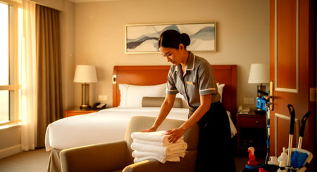 a hotel maid is placing fresh towels on a chair in a luxurious hotel room with a made up bed visible This image features a transparent background, making it versatile for various design projects.の素材