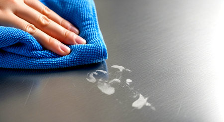a hand with a blue microfiber cloth wiping a white liquid spill on a shiny surface for cleaning purpose This image features a transparent background, making it versatile for various design projects.の素材